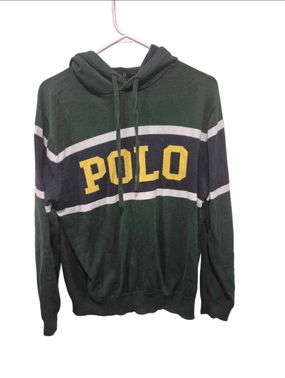 Polo Ralph Lauren Spellout Colorblock Knit Hoodie Sweater Green Navy Yellow M
